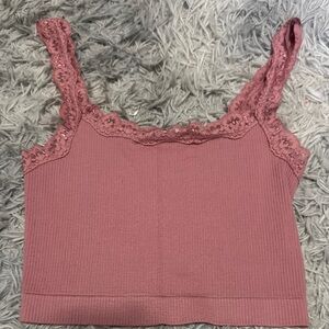 Lace Trim Ribbed Pink Crop Top